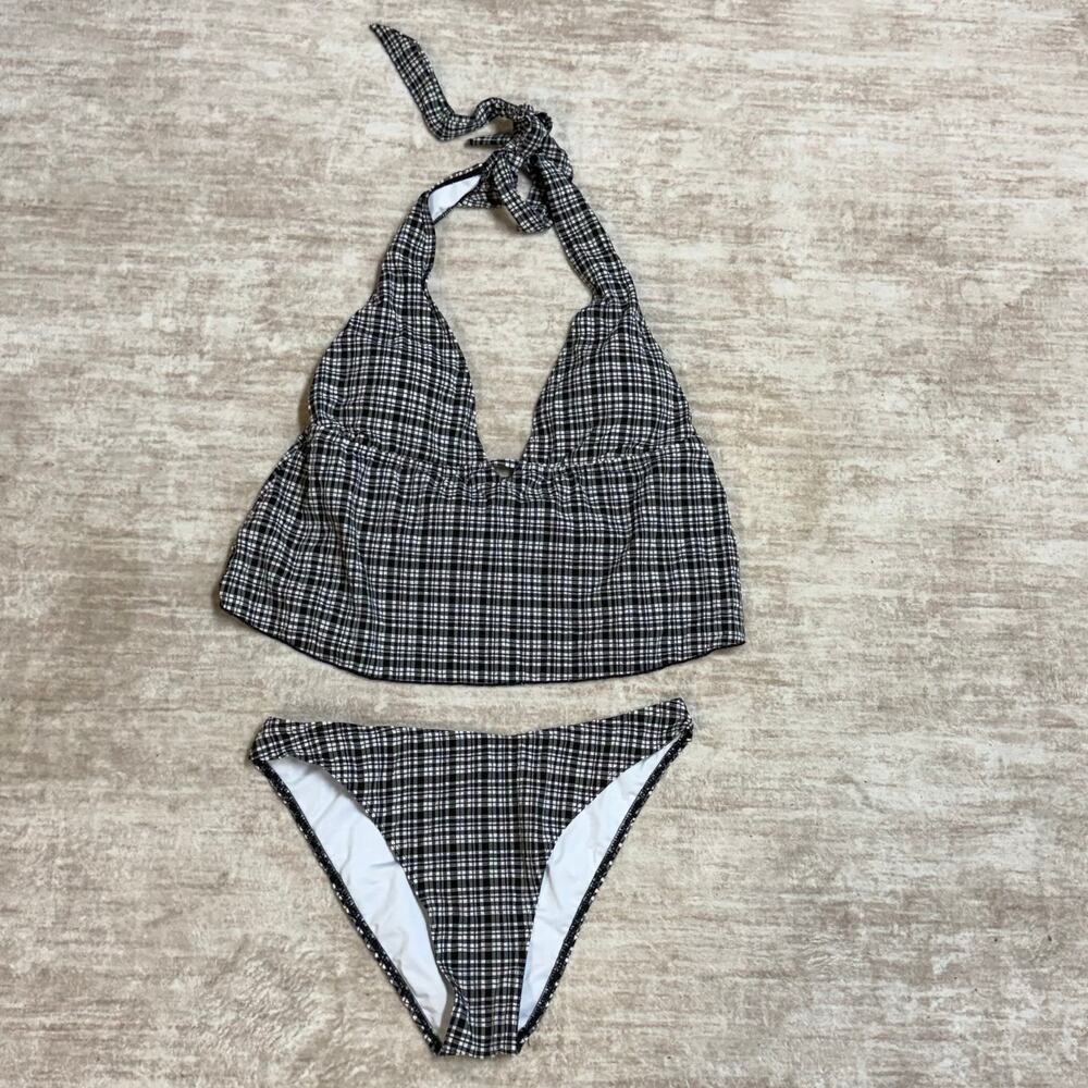 Samiol Women’s Medium Black White Plaid Tankini Bikini Swimsuit Plunge Halter